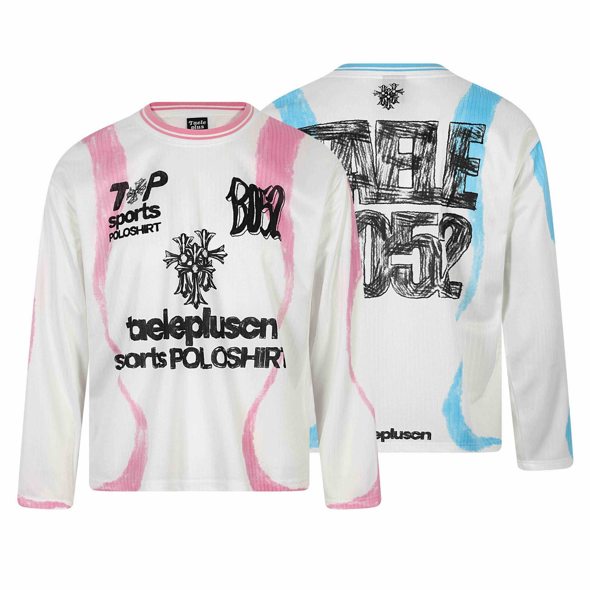 T-shirt da uomo con stampa graffiti casual e vestibilità ampia a maniche lunghe con collo rotondo