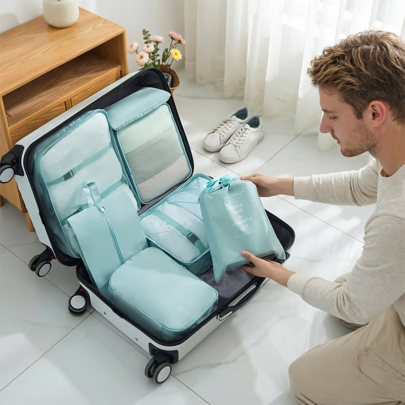 7 pezzi di cubi di imballaggio da viaggio, set di organizer per bagagli con borsa per scarpe per riporre i vestiti