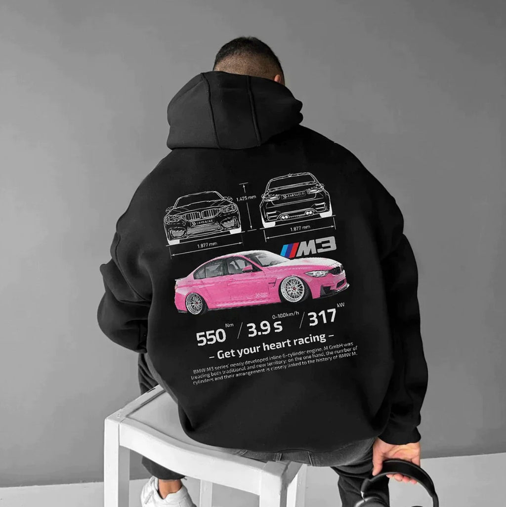 Felpa con cappuccio casual con stampa auto da uomo con motivo a cuore, felpa con cappuccio alla moda