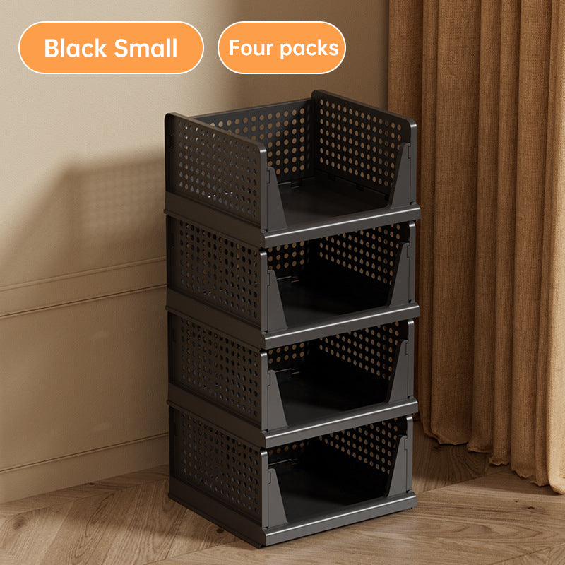 4 Pack Plastic Closet Organizer Bins, Stackable Collapsible Storage Baskets with Sliding Rails for Clothes, Toys, T-Shirts
