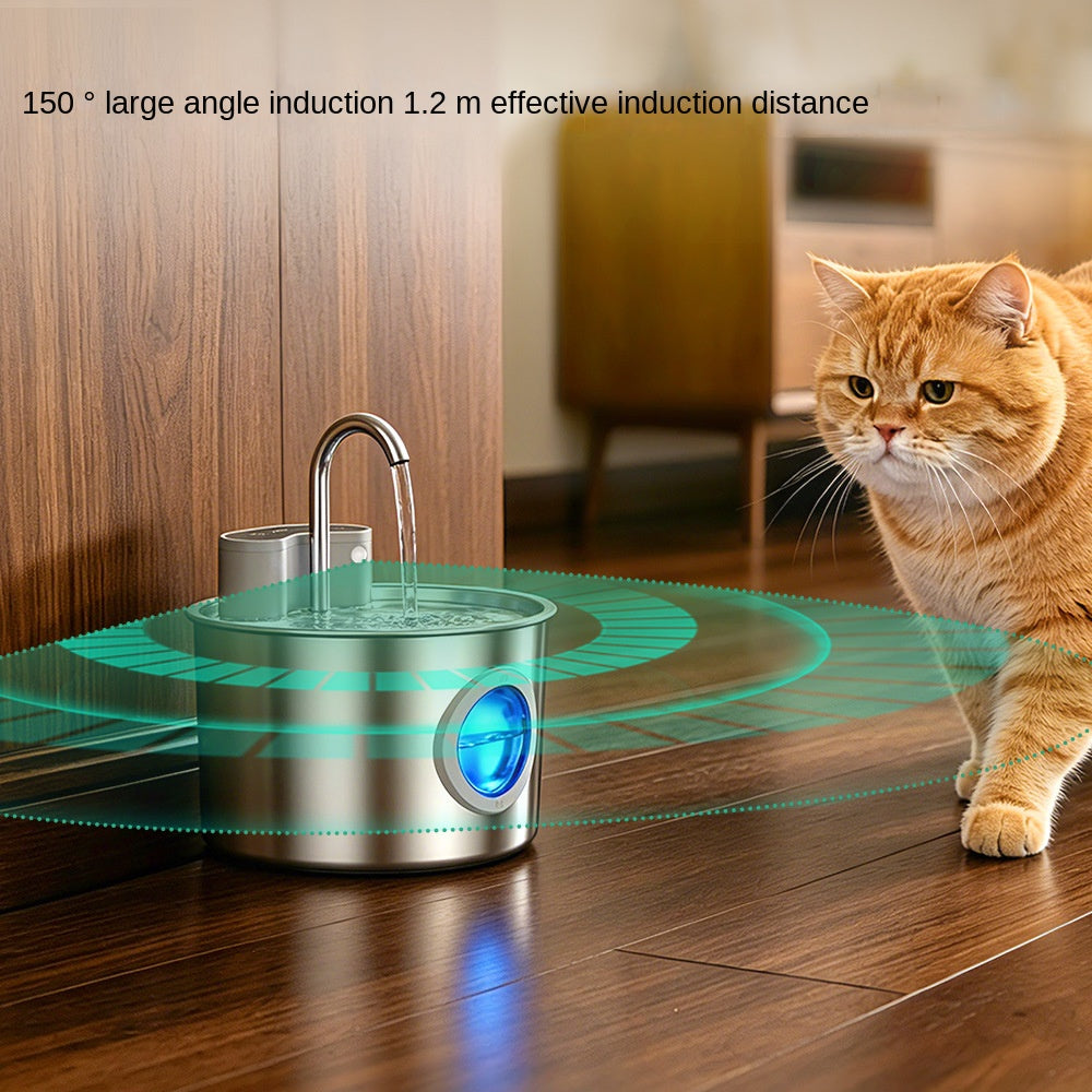 Distributore d'acqua intelligente per gatti in acciaio inossidabile, sensore wireless, senza plug-in, circolazione automatica, fontana d'acqua per animali domestici di grande capacità