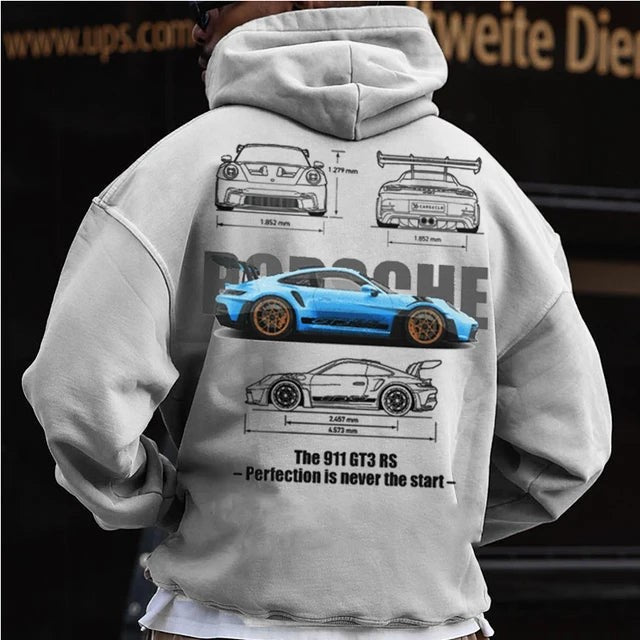 Men's Casual Car Print Hoodie with Heart Pattern, Fashionable Hoodie