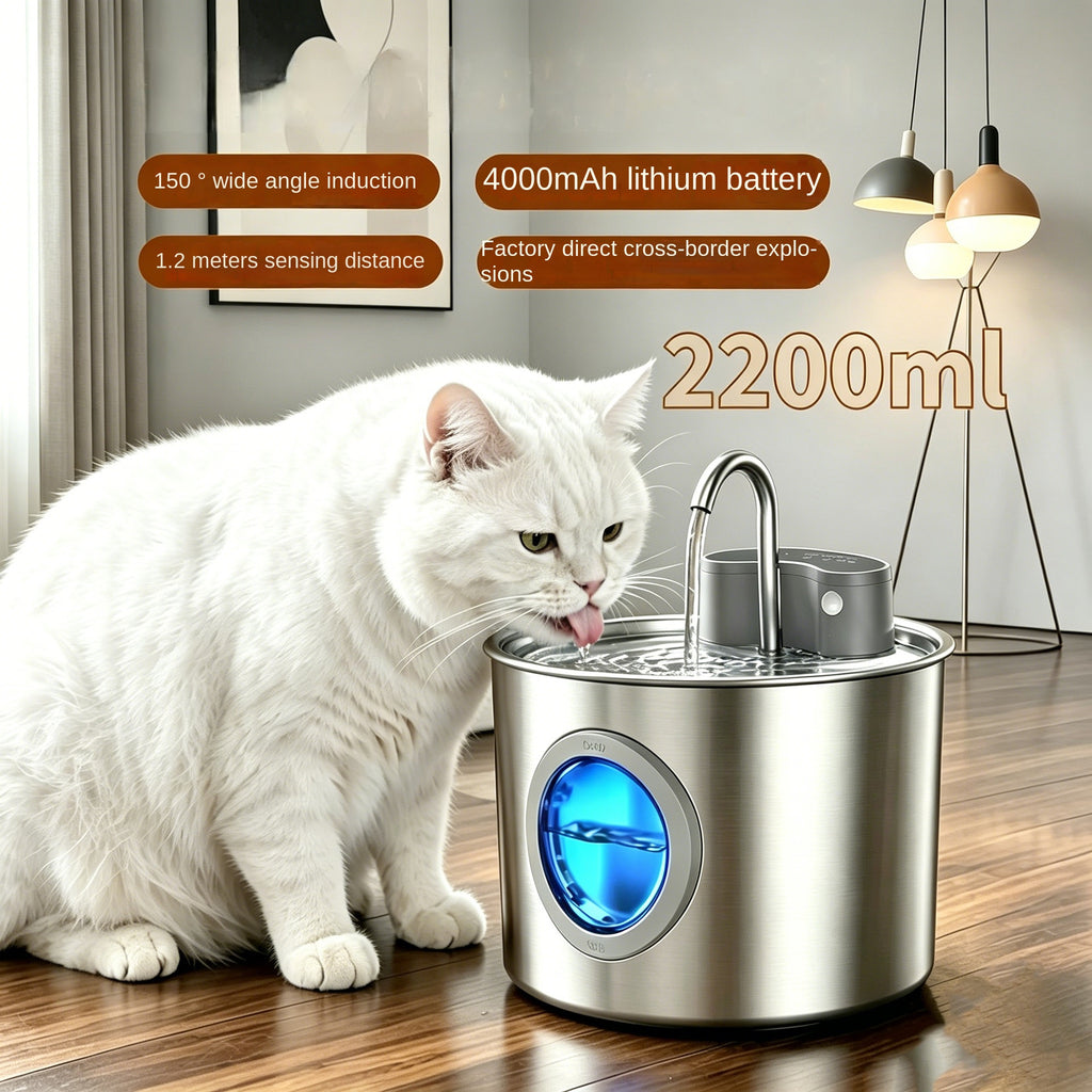 Distributore d'acqua intelligente per gatti in acciaio inossidabile, sensore wireless, senza plug-in, circolazione automatica, fontana d'acqua per animali domestici di grande capacità