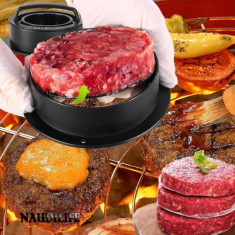 Utensile da cucina manuale 3 in 1: pressa per hamburger, hamburger di manzo rotondi e polpette.