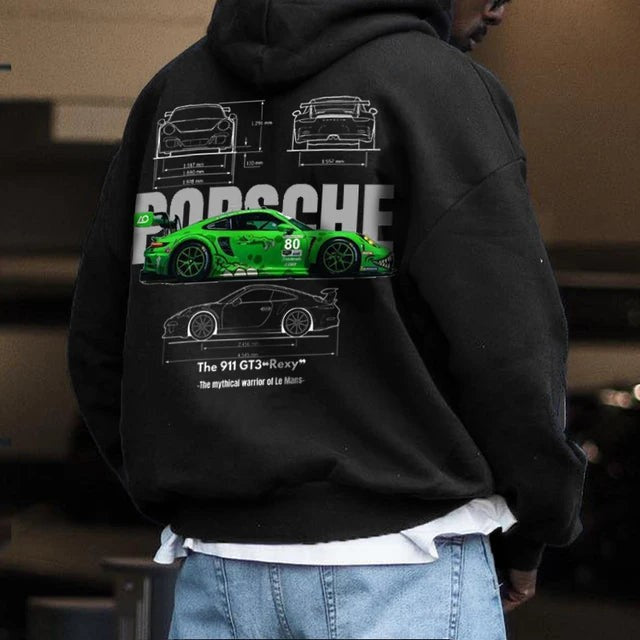 Men's Casual Car Print Hoodie with Heart Pattern, Fashionable Hoodie