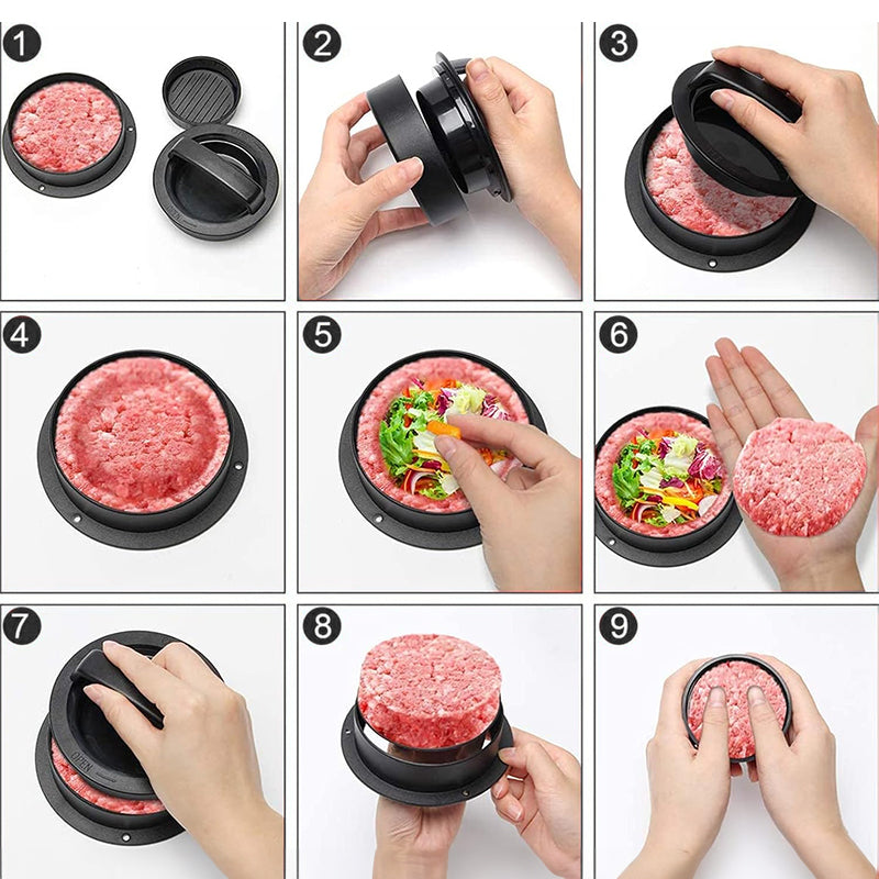 Utensile da cucina manuale 3 in 1: pressa per hamburger, hamburger di manzo rotondi e polpette.